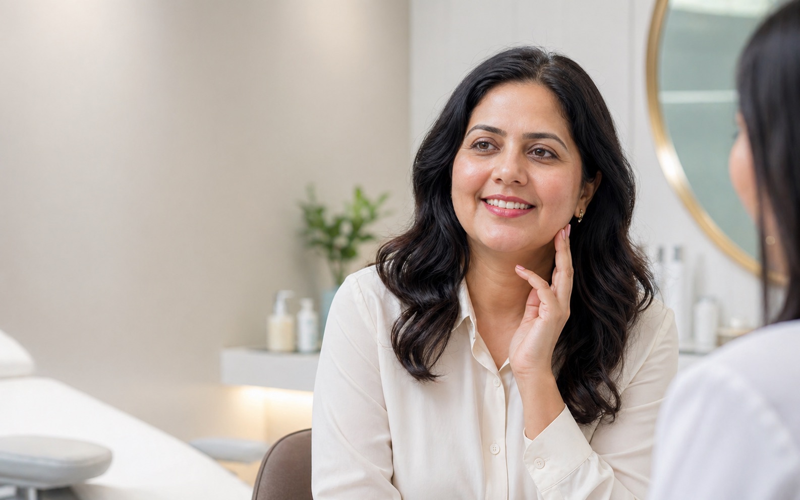 Confident woman in a modern dermatology and aesthetics clinic