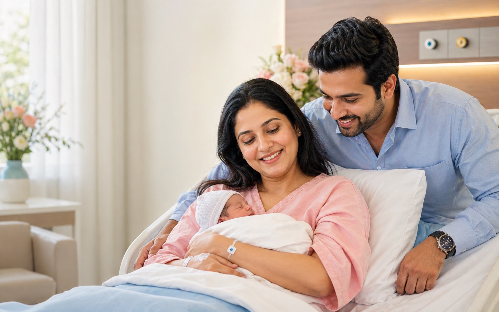 Happy mother and newborn baby with supportive partner in a hospital room