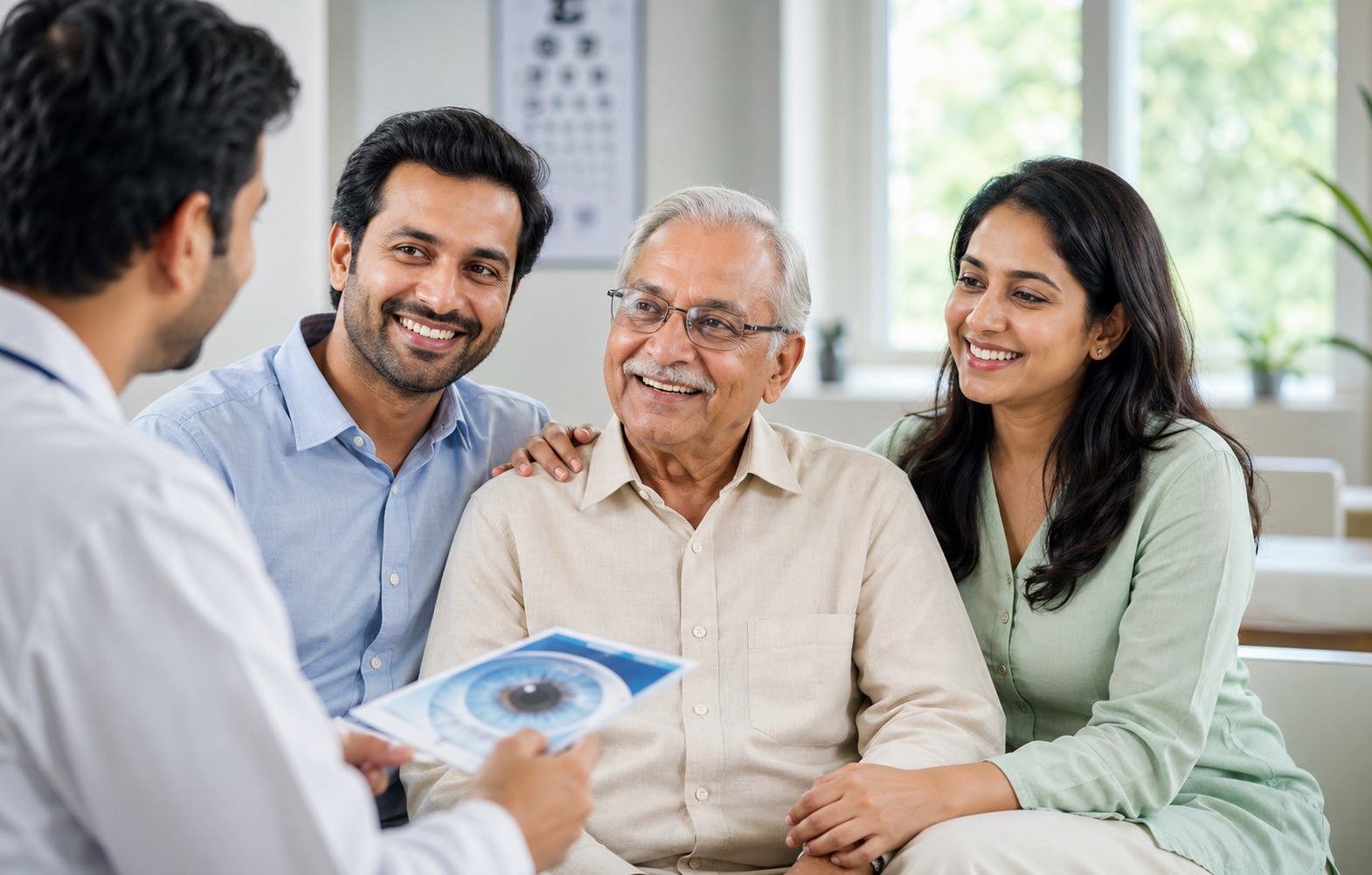 Happy elderly cataract patient with son and daughter during an eye consultation